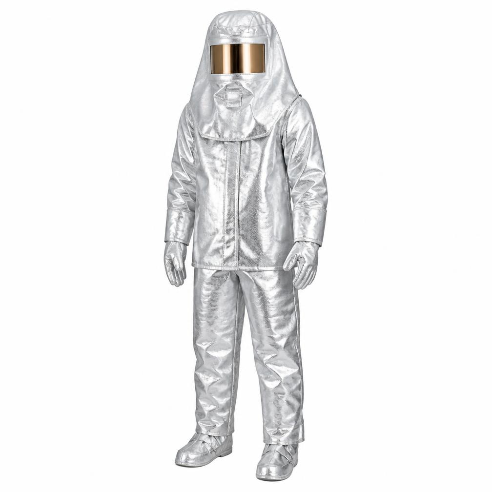Aluminized fire proximity suit lengkap dengan hood, sarung tangan, dan pelindung sepatu